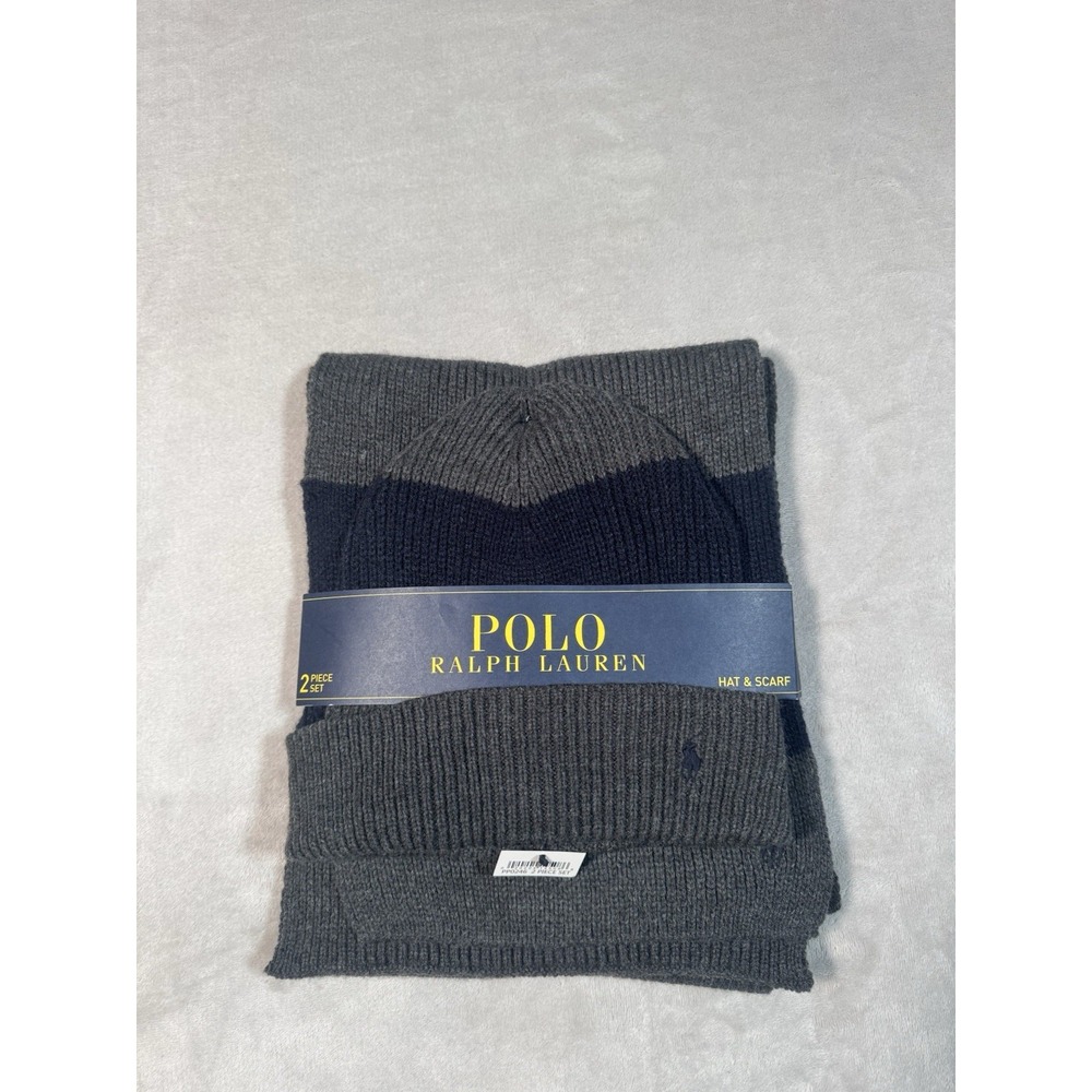 Polo Ralph Lauren Beanie Hat Scarf Combo Blue Gray NWT
